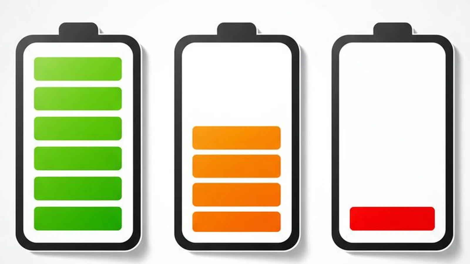 The image shows three battery icons indicating full, medium, and low charge levels using green, orange, and red bars.